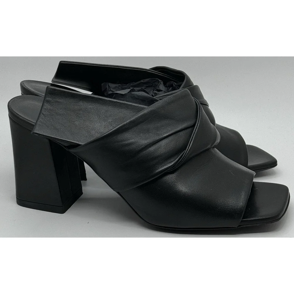 Via Spiga Black Leather Open Toe Block Heel Mule Sandals Women's‎ 6 Italy